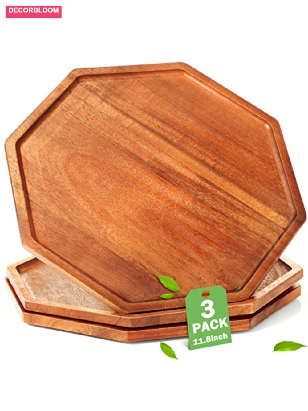 Acacia Wood Serving Tray Set 3 Pc Octagon Platter 10" Handles